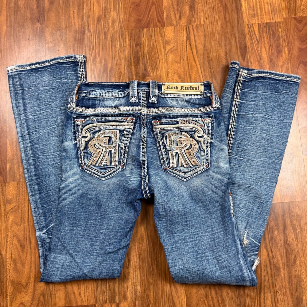 Rock Revival Pearlie Mid Rise Bootcut Distressed Blue Jeans Size 25 Rhinestone